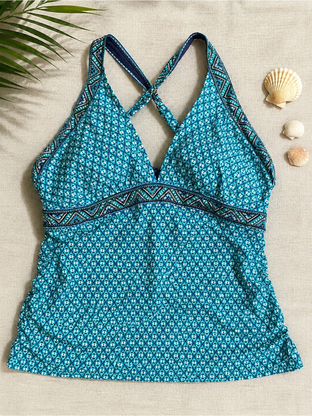 Jantzen Plus Size 20W Halter Tankini Swim Top Blue Geometric Boho Resort Coastal